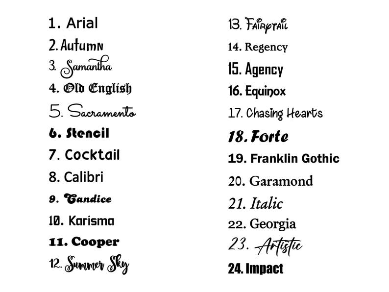 May include: A list of twenty-four numbered font styles in black text on a white background. The list includes names such as Arial, Autumn, Samantha, Old English, Sacramento, Stencil, Cocktail, Calibri, Candice, Karisma, Cooper, Summer Sky, Fairytail, Regency, Agency, Equinox, Chasing Hearts, Forte, Franklin Gothic, Garamond, Italic, Georgia, Artistic, and Impact.