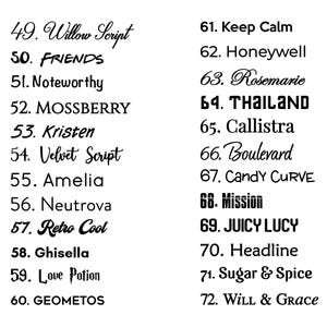 May include: A black text chart displaying font options numbered 49 through 72. The list includes names like Willow Script, FRIENDS, Noteworthy, MOSSBERRY, Kristen, Velvet Script, Amelia, Neutrova, Retro Cool, Ghisella, Love Potion, GEOMETOS, Keep Calm, Honeywell, Rosemarie, THAILAND, Callistra, Boulevard, Candy Curve, Mission, JUICY LUCY, Headline, Sugar & Spice, and Will & Grace.