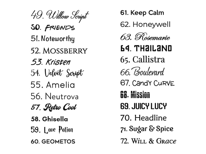 May include: A black text chart displaying font options numbered 49 through 72. The list includes names like Willow Script, FRIENDS, Noteworthy, MOSSBERRY, Kristen, Velvet Script, Amelia, Neutrova, Retro Cool, Ghisella, Love Potion, GEOMETOS, Keep Calm, Honeywell, Rosemarie, THAILAND, Callistra, Boulevard, Candy Curve, Mission, JUICY LUCY, Headline, Sugar & Spice, and Will & Grace.