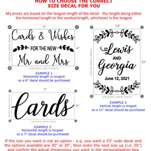 May include: An instructional graphic titled HOW TO CHOOSE THE CORRECT SIZE DECAL FOR YOU. It displays three black text decal examples with dimensions in inches. Example 1 shows 6" by 4", Example 2 shows 15" by 21", and Example 3 shows 7" by 3".