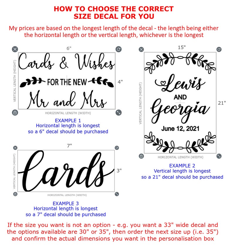 May include: An instructional graphic titled HOW TO CHOOSE THE CORRECT SIZE DECAL FOR YOU. It displays three black text decal examples with dimensions in inches. Example 1 shows 6" by 4", Example 2 shows 15" by 21", and Example 3 shows 7" by 3".