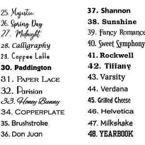 May include: A list of black text on a white background displaying font options numbered 25 through 48. The list includes names like Majestic, Spring Day, Midnight, Calligraphy, Coffee Latte, Paddington, Paper Lace, Parisian, Honey Bunny, Copperplate, Brushstroke, Don Juan, Shannon, Sunshine, Fancy Romance, Sweet Symphony, Rockwell, Tiffany, Varsity, Verdana, Grilled Cheese, Helvetica, Milkshake, and Yearbook.