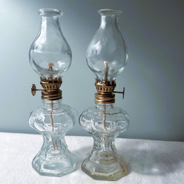 Vintage Miniature Clear Glass Oil Lamps, Set of 2