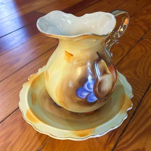 Vintage Artmark Pitcher and Bowl Set Fruit And Gold Accents