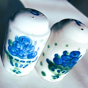 May include: Two ceramic salt and pepper shakers. The shakers are white with blue floral designs and green polka dots. The tops have holes for dispensing. The shakers are cylindrical in shape.