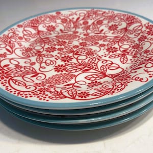 Royal Norfolk Red White and Aqua Rimmed Dinner Plates, Set of 4