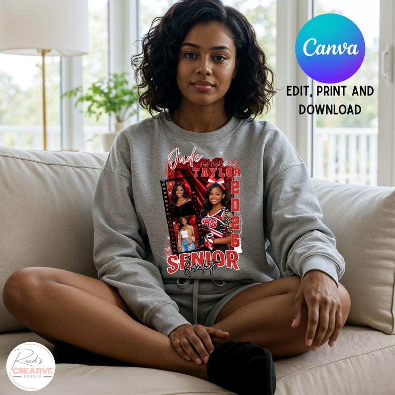 May include: A gray sweatshirt featuring a collage with the name "Jade Taylor" and the year "2026" in red. The word "SENIOR" is also in red. The Canva logo and text "EDIT, PRINT AND DOWNLOAD" are visible.
