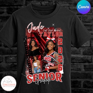 May include: Black t-shirt featuring a collage with the name "Jade Taylor" and "Senior Graduate 2026". The design includes photos of a young woman and cheerleading elements in red and white.