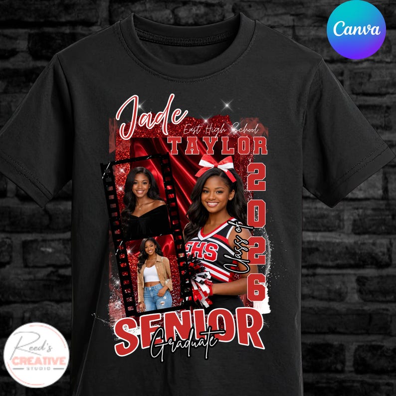 May include: Black t-shirt featuring a collage with the name "Jade Taylor" and "Senior Graduate 2026". The design includes photos of a young woman and cheerleading elements in red and white.