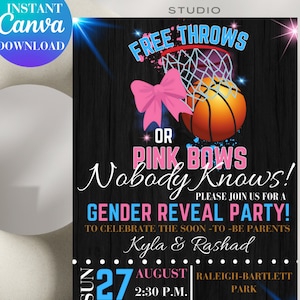 Free Throws or Pink Bows Gender Reveal Invitation Editable  or Boy Invitation. Pink or Blue Gender Reveal.