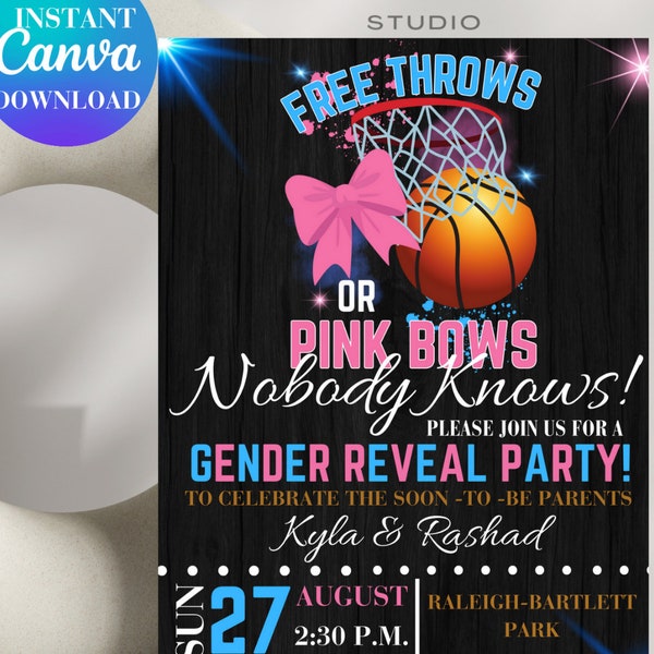 Free Throws or Pink Bows Gender Reveal Invitation Editable  or Boy Invitation. Pink or Blue Gender Reveal.