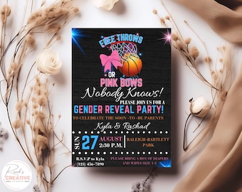 Free Throw or Pink Bow Gender Reveal Invitation | Editable Canva Template Basketball Gender Reveal Party Invite | Printable Digital Download