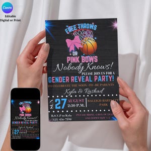 Free throws or pink bows, editable gender reveal Invitation: Editable Template (Digital Download)