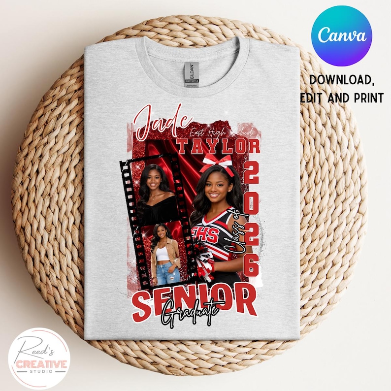 May include: A light gray Gildan t-shirt featuring a senior graduation design. The design includes the name "Jade Taylor", the year "2026", and the words "Senior Graduate" in red. The shirt also has a Canva logo.