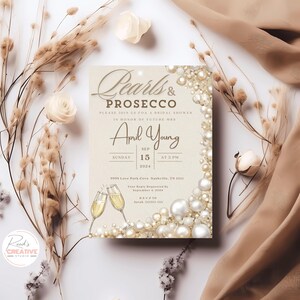 Pearls & Prosecco Bridal Shower Invitation: Elegant Canva Template (Digital Download