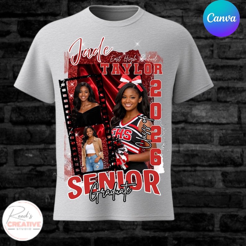 May include: A light gray t-shirt featuring a senior portrait design. The design includes the name "Jade Taylor", the year "2026", and the words "Senior Graduate" in red. A photo strip with three images of a young woman is also included.