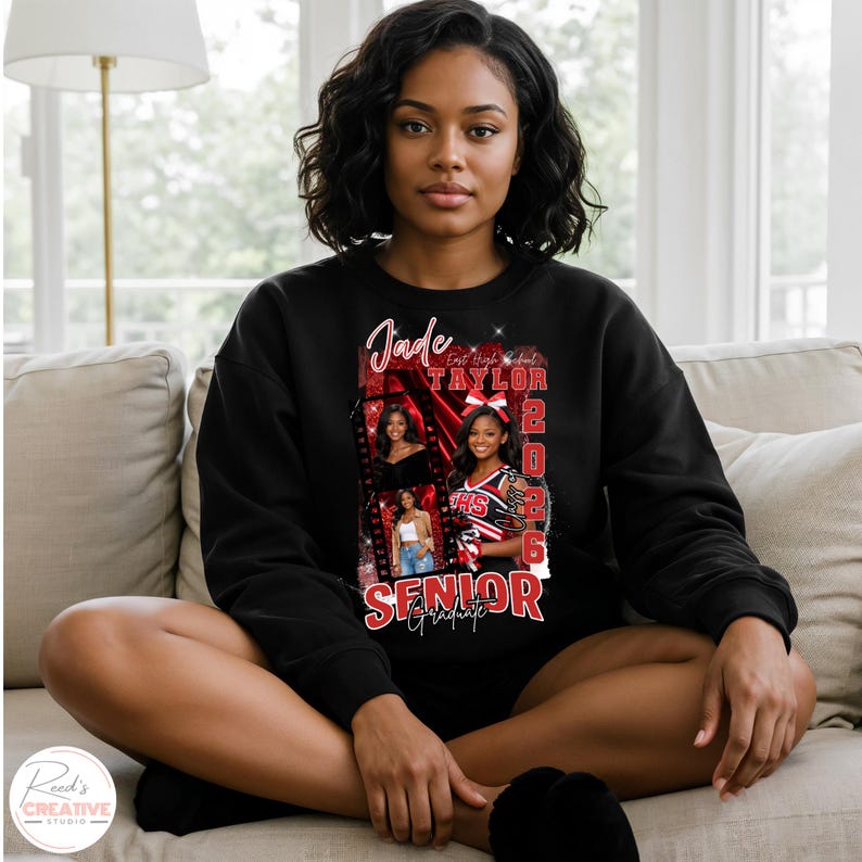 May include: Black sweatshirt with a collage of photos, the name "Jade Taylor", and the text "Senior Graduate 2026" in red and white. The sweatshirt features a design with a graduation theme.