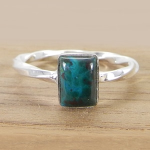 Natural Chrysocolla Rectangle Gemstone Ring - 925 Sterling Silver Ring - Twisted Band Stackable Ring Jewelry