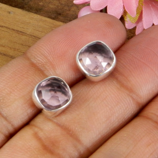 Pink Amethyst 8 MM Cushion Cut Gemstone Stud Earring, 925 Sterling Silver, February Birthstone, Anniversary Earring, Gift For Her
