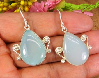 925 Sterling Silver Aqua Chalcedony Gemstone Earrings Jewelry