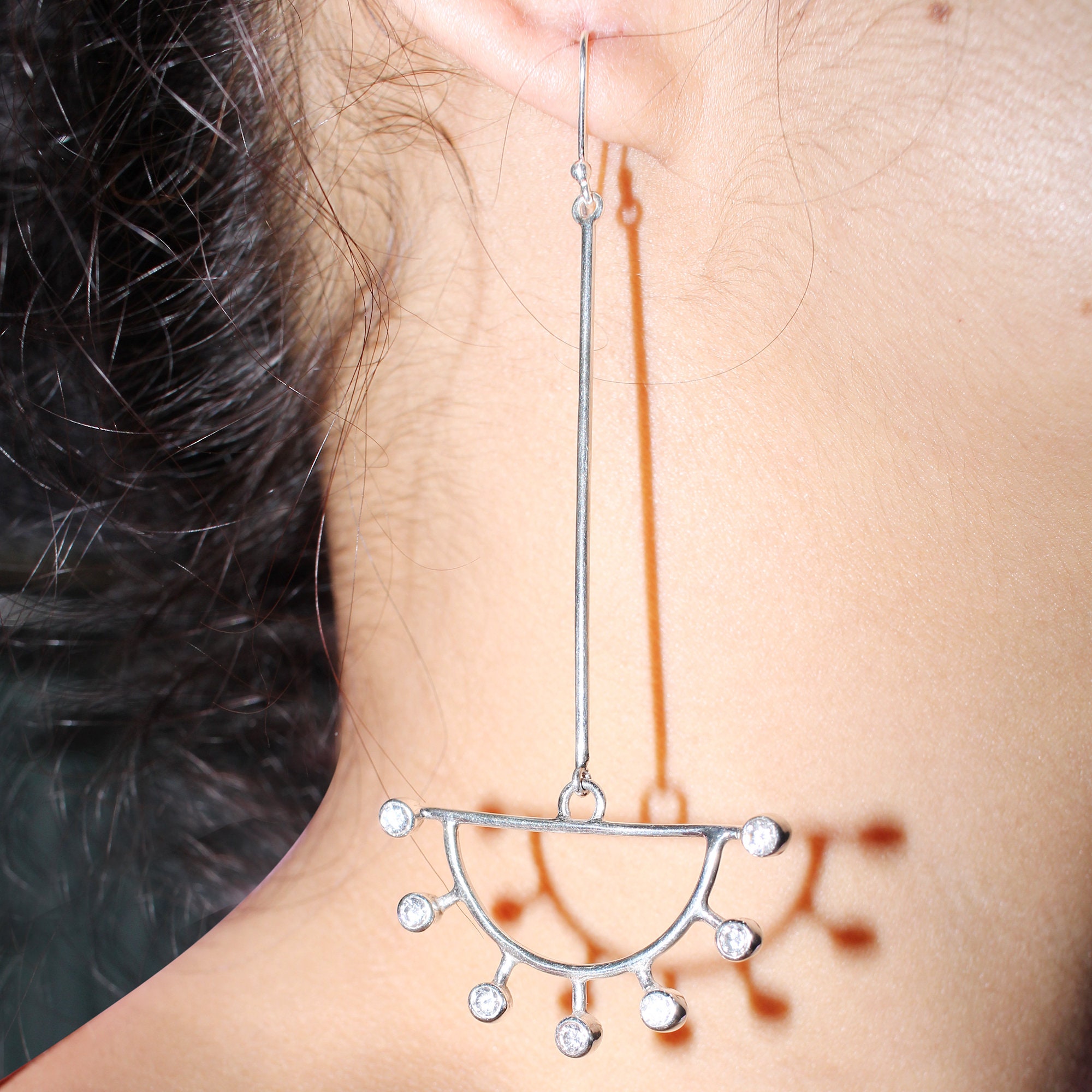 Long Cubic Zirconia Earrings Half Moon Earrings Sterling Etsy