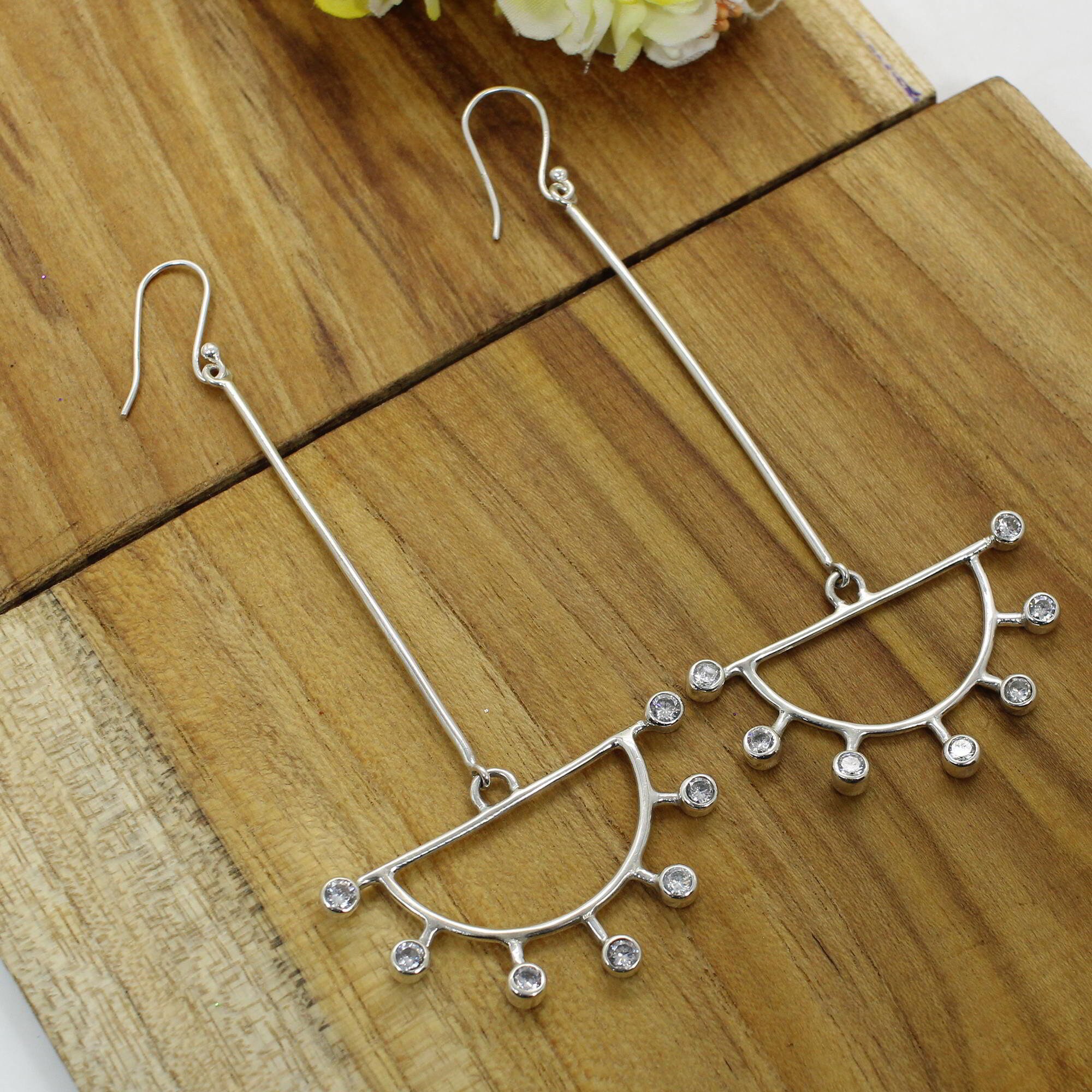 Long Cubic Zirconia Earrings Half Moon Earrings Sterling Etsy
