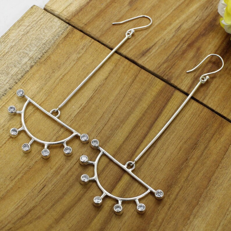 Long Cubic Zirconia Earrings Half Moon Earrings Sterling Etsy