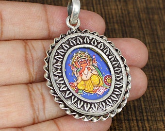Hand Painted Lord Ganesha Pendant-925 Sterling Silver Pendant-Siver Designer-Hindu Deity Jewelry-Miniature Glass Frame Pendant Necklace-Gift