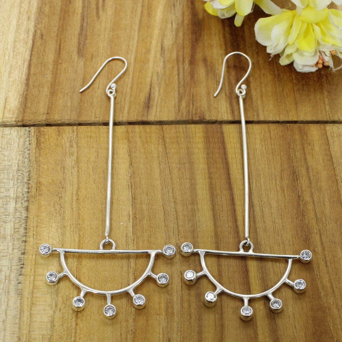 Long Cubic Zirconia Earrings Half Moon Earrings Sterling Etsy