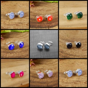 Fuchsia,Lavender Chalcedony,Red Coral,Green Onyx,Blue Cats Eye,London Blue Topaz,Blue Sunstone, Cushion 925 Sterling Silver Stud Earrings