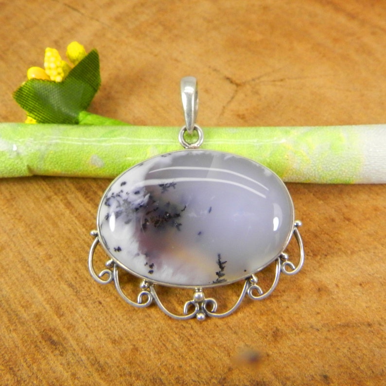 Natural Dendrite Opal Horizontal 925 Sterling Silver Gemstone Pendant Jewelry