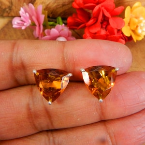 Dark Citrine 12x12mm Faceted Triangle Gemstone 925 Sterling Silver, November Birthstone, Silver Plated Earring, Women Jewelry, Gift For Her