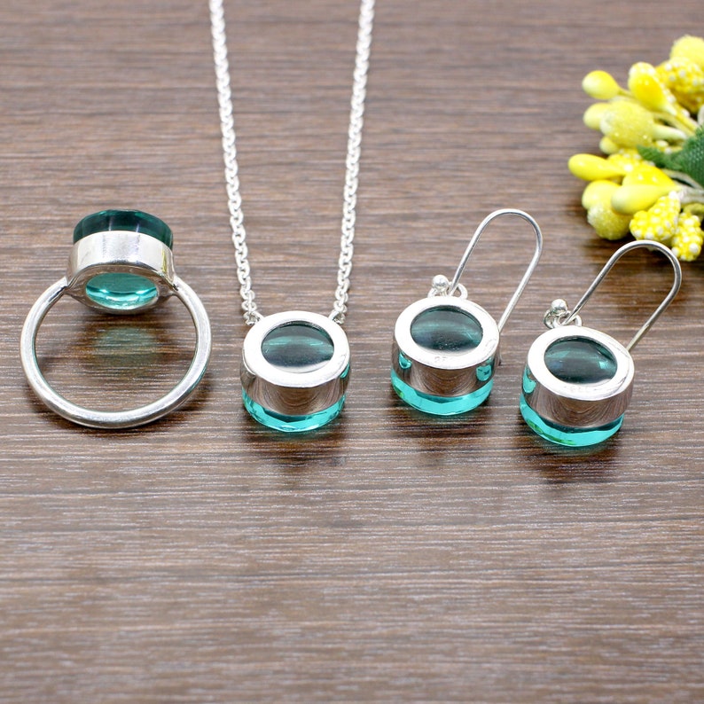 Apatite Hydro Gemstone Jewelry Set Statement Apatite Ring 925 Sterling Silver Dangle Earrings Apatite Necklace