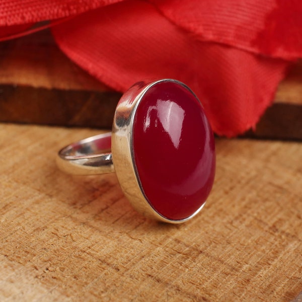 Fuchsia Chalcedony Oval 925 Sterling Silver Gemstone Handmade Bezel Artisan Ring Jewelry, Chalcedony Ring, Statckable Ring