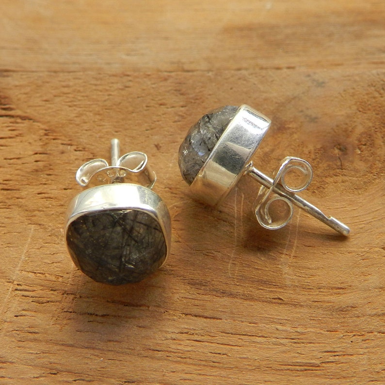 Black Rutilated Quartz 8 MM Cushion Gemstone 925 Sterling Silver Stud Earrings Handmade Jewelry, Wedding Gifts For Her image 4