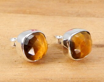 Tiger Eye Gemstone Earring, 8 x 8 MM Cushion Cut Studs Earrings, June Birthstone, Dainty Earring, Bridal Jewelry, Gift For Her