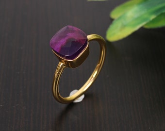 Natural Purple Amethyst Ring - Gold Plated Sterling Silver Ring -Amethyst Silver Ring- Genuine Amethyst Ring-Stacking Amethyst Ring Jewelry