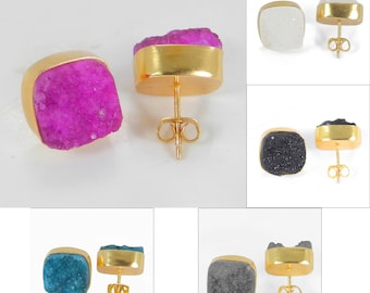 Colored Druzy 13x13mm Cushion Gemstone Gold Plated Brass Stud Earrings Jewelry