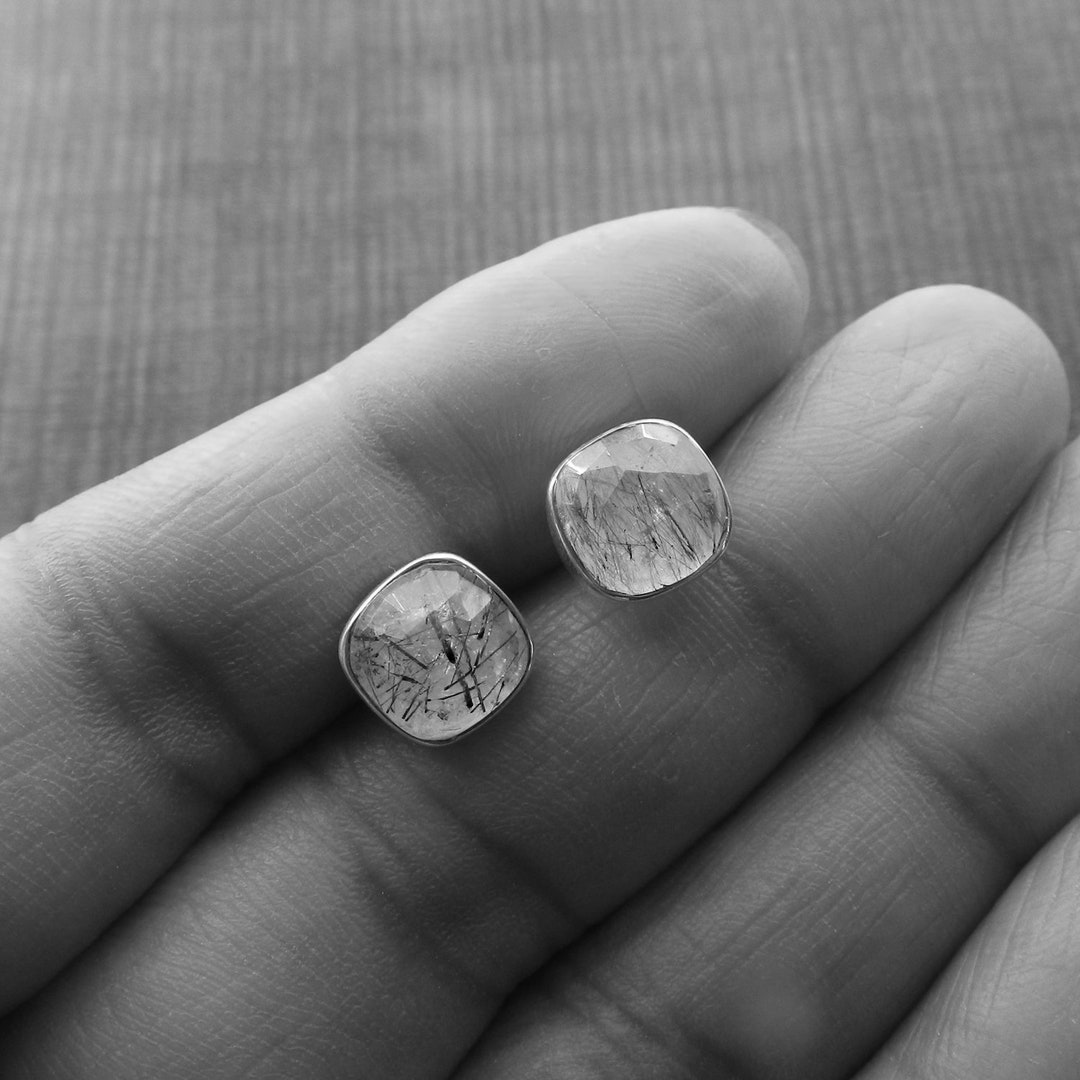 Faceted Black Rutilated Quartz 8mm Cushion Gemstone 925 Sterling Silver