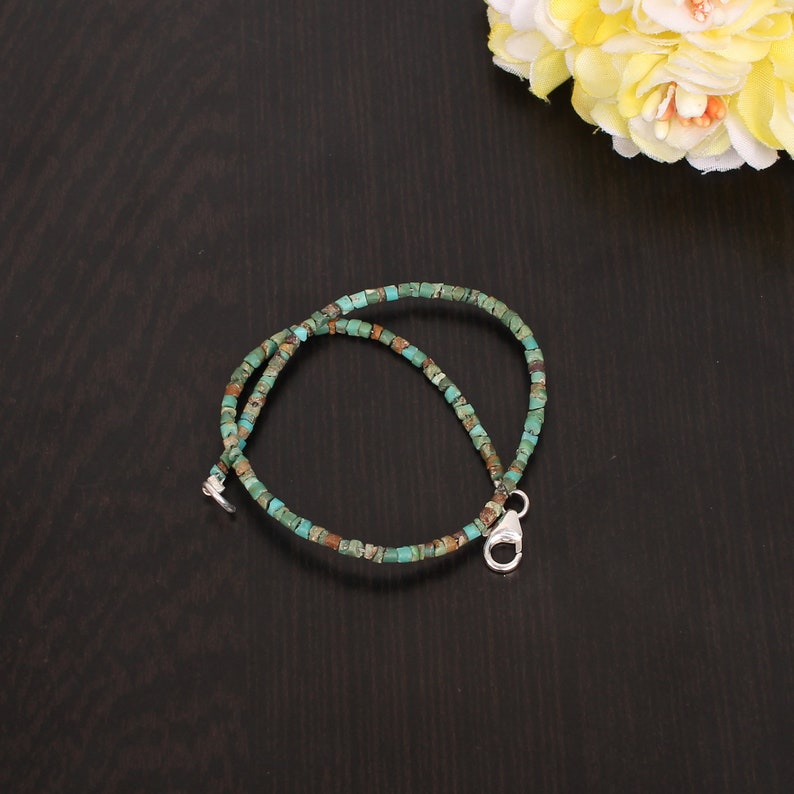 Precious Tibetan Turquoise Dainty Bracelet, Green Beaded Bracelet, 925 Sterling Silver Jewelry, Engagement Gift, Bracelet For Sister image 3