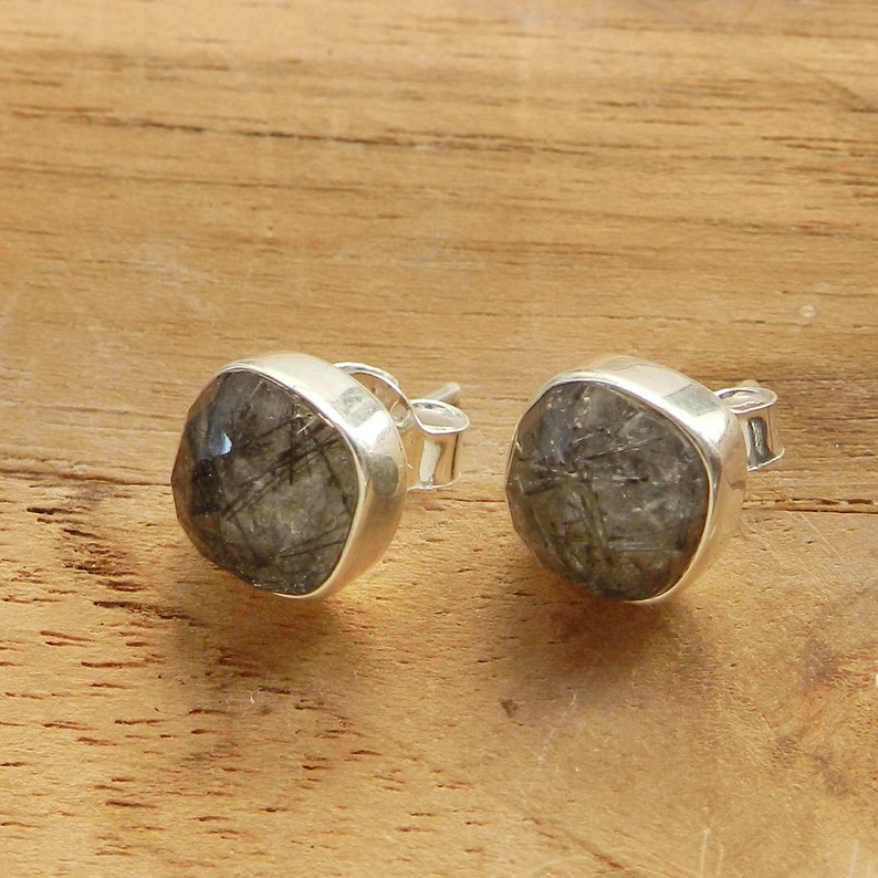 Black Rutilated Quartz 8 MM Cushion Gemstone 925 Sterling Silver Stud Earrings Handmade Jewelry, Wedding Gifts For Her image 2