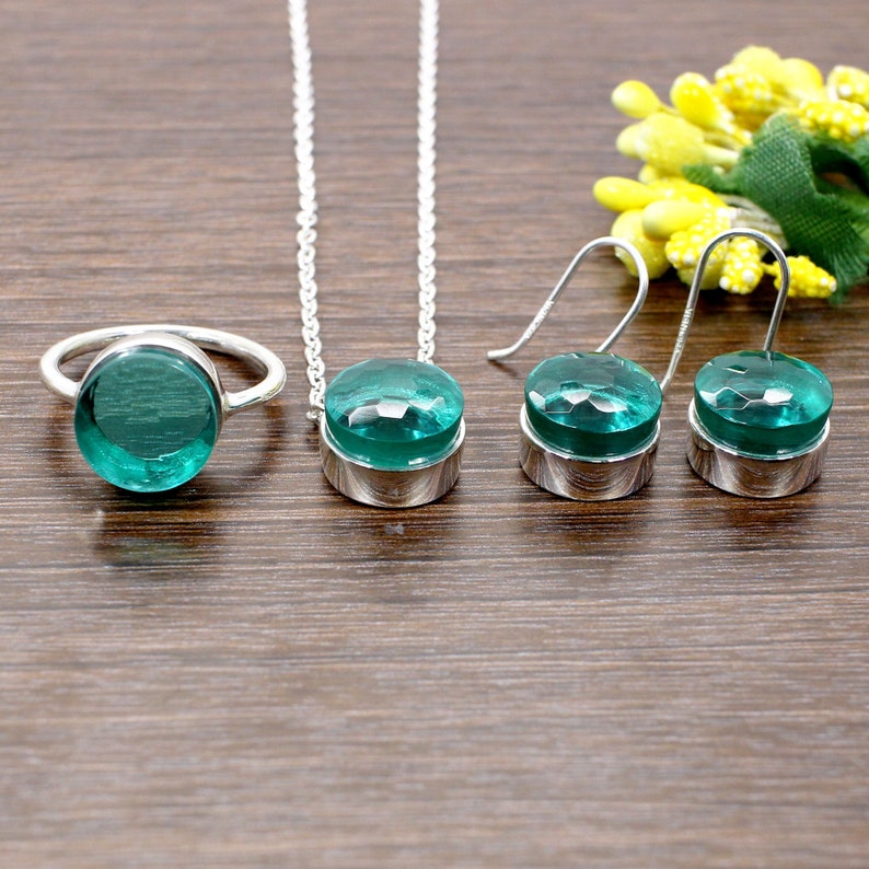 Apatite Hydro Gemstone Jewelry Set Statement Apatite Ring 925 Sterling Silver Dangle Earrings Apatite Necklace