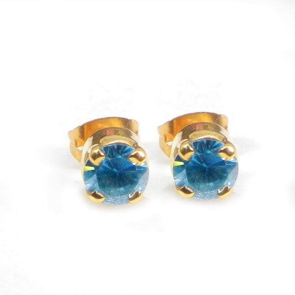 Blue Zircon 5 MM Studs, Faceted Gemstone, 925 Silver Studs, Gold Plated Studs, Tiny Zircon Studs Earrings Jewelry, Women Studs Gift For Her