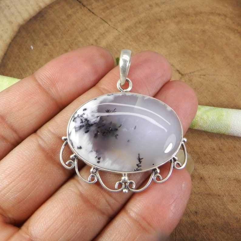 Natural Dendrite Opal Horizontal 925 Sterling Silver Gemstone Pendant Jewelry