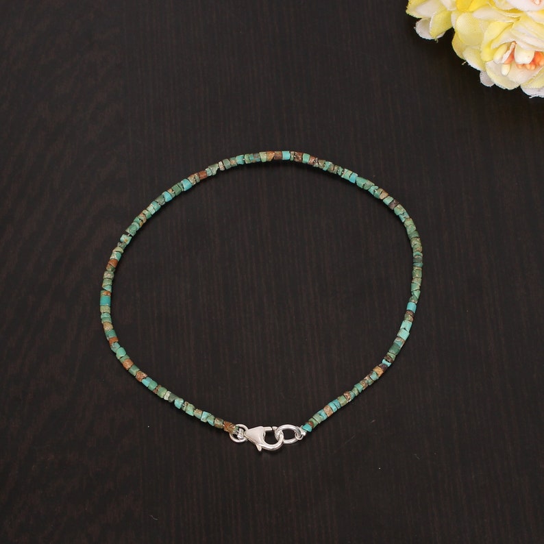 Precious Tibetan Turquoise Dainty Bracelet, Green Beaded Bracelet, 925 Sterling Silver Jewelry, Engagement Gift, Bracelet For Sister image 1