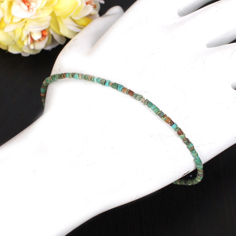 Precious Tibetan Turquoise Dainty Bracelet, Green Beaded Bracelet, 925 Sterling Silver Jewelry, Engagement Gift, Bracelet For Sister image 5