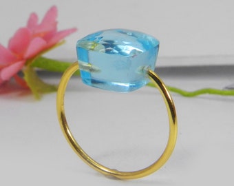 Blue Quartz Gemstone, 925 Sterling Silver Ring, Gold Plated Ring, Gemstone Ring, Sky Blue Topaz Hydro Ring, Plain Silver Ring, Gift For her