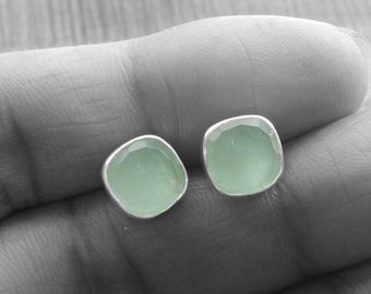 Faceted Prehnite 8mm Cushion Gemstone 925 Sterling Silver Stud Earrings,Handmade Silver Jewelry,Plain Silver Studs,Christmas Gift For Her