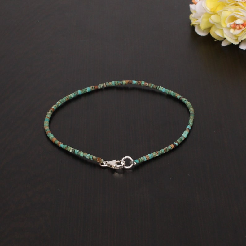 Precious Tibetan Turquoise Dainty Bracelet, Green Beaded Bracelet, 925 Sterling Silver Jewelry, Engagement Gift, Bracelet For Sister image 2