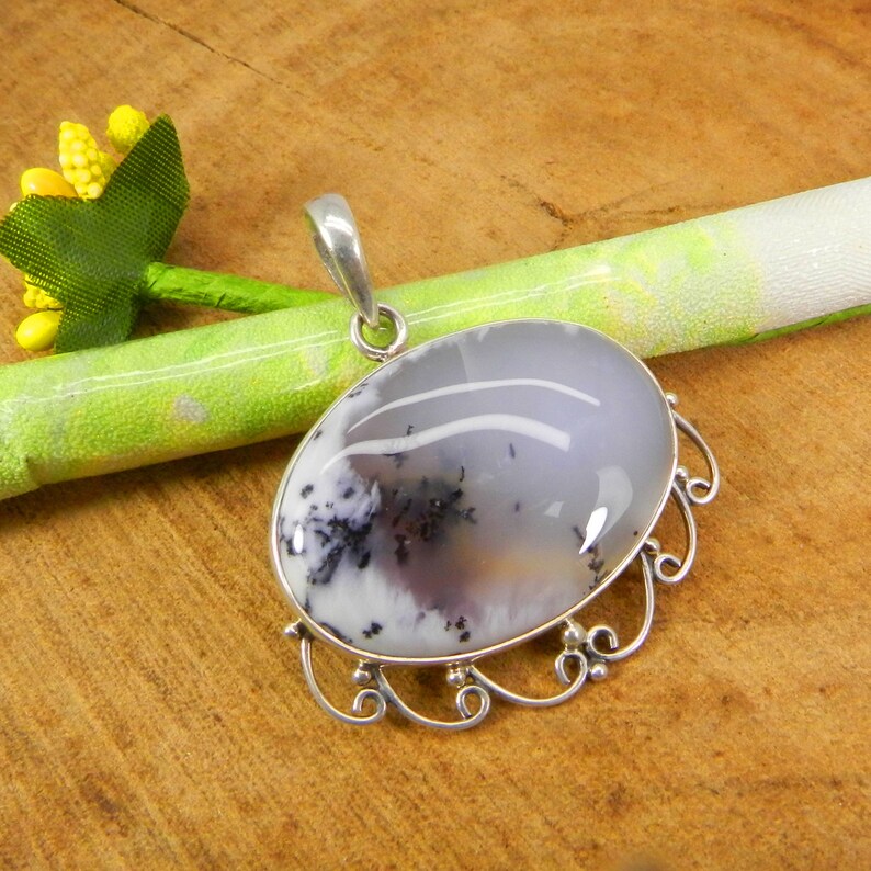 Natural Dendrite Opal Horizontal 925 Sterling Silver Gemstone Pendant Jewelry
